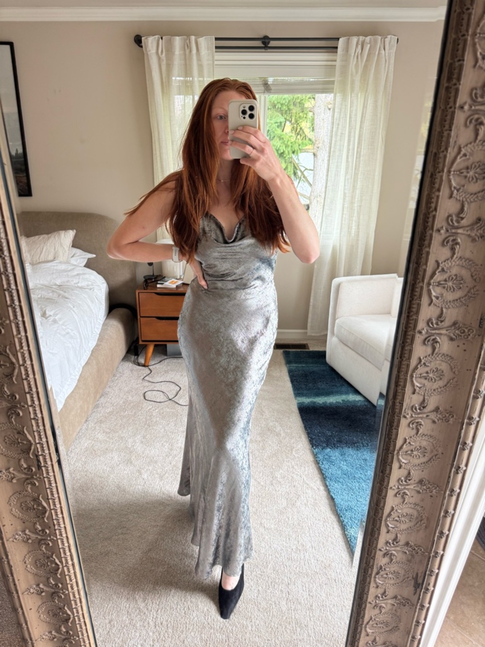 Zara Silver Satin Cowl Neck Maxi Dress